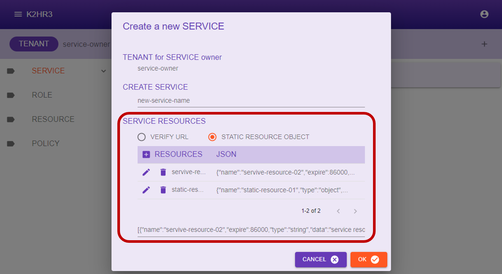 K2HR3 Usage Application - Service Owner Create Dialog