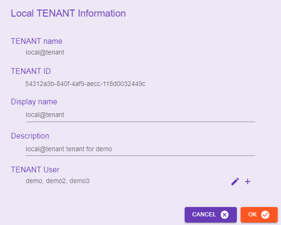 K2HR3 Usage Application - Edit Local Tenant Dialog